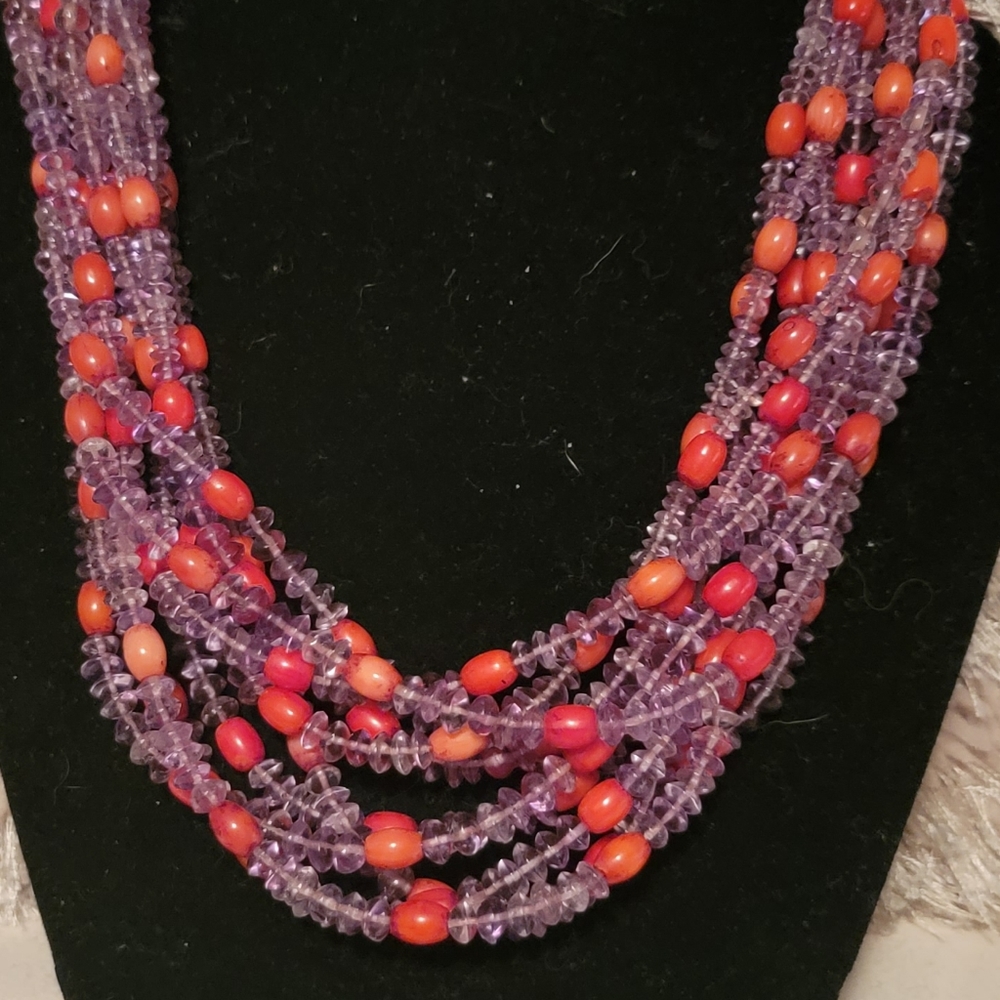 Hand crafted multi strands Amethysts and genuine Red Coral - Silver Necklace ♥️ - Picture 4 of 4